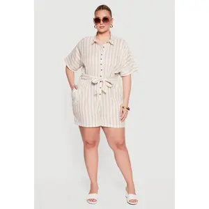 Plus Size Striped Button Front Tie Waist Belted Romper