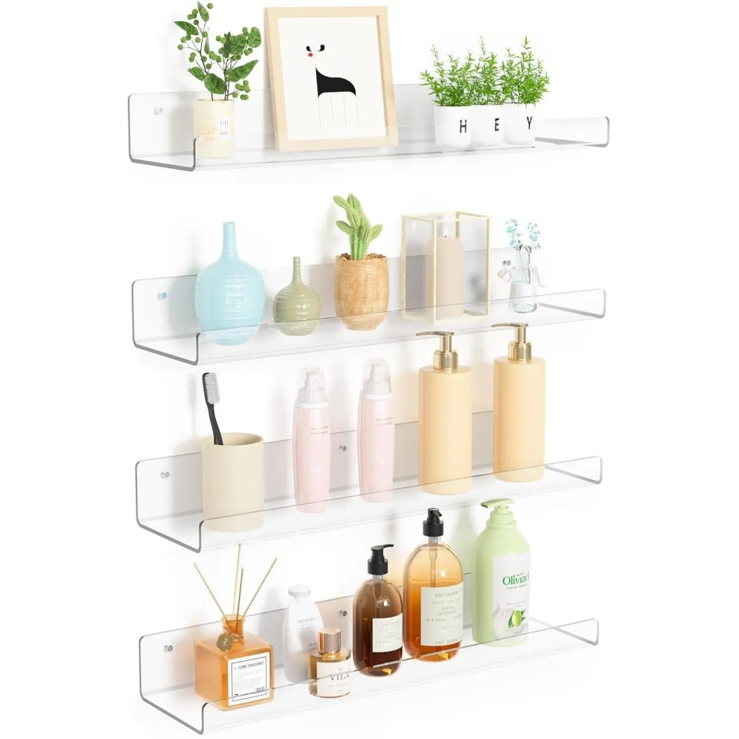 4 Pack Acrylic Shelves for Wall Storage 15" Floating Bookshelves for Kids Display Shelf Organizer for Bathroom Bedroom Living Room Kitchen Room Decor Clear Space Saving Unique Decoration Sturdy Acrylic Floating Shelves Set Installation