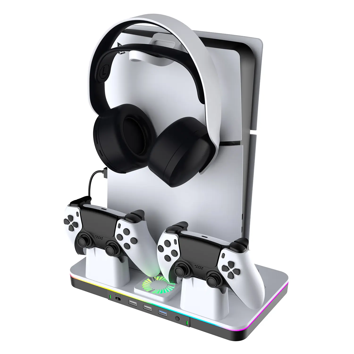 FanCtrl PS5 Series Stand & Cooling Station Accessories - 3-Level Cooler Fan, LED Light Controller Charging Dock, Headsets Hook, Console Skin, Adaptive Trigger Compatible for PS5 Slim/Pro, Black & White