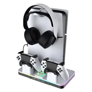 FanCtrl PS5 Series Stand and Cooling Station - 3-Level Cooler Fan, LED Controller Charging Dock, Headsets, Black and White with Earphone Hook, Console Skin Accessories Kit for PS5 Slim/Pro, Adaptive Trigger Compatible