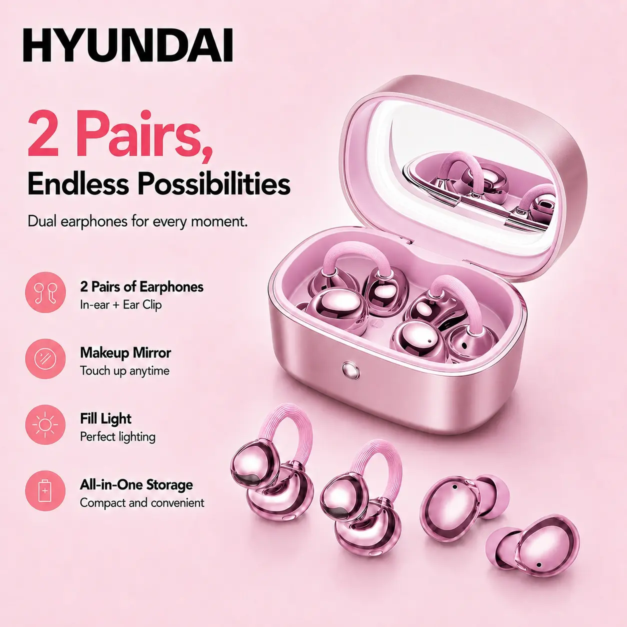 HYUNDAI M195 2-in-1 Wireless Earbuds, One Case with In-Ear & Clip-On Earbuds, Beauty Mirror with Built-in Fill Light, Jewelry Box Design, Bluetooth 6.0, Hi-Fi Stereo Sound, IP67 Waterproof, Stylish Gift for Women & Girls, Compatible with Android & iOS