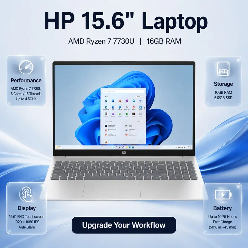 HP 15.6-in FHD IPS Touchscreen Business Laptop - AMD Ryzen 7 7730U, 16GB RAM, 512GB PCIe SSD, Windows 11 Pro, Natural Silver, 19V Built-in Lithium Metal Batteries, Camera, Bluetooth, DVD, Enhanced Features & Security, Home Office Use