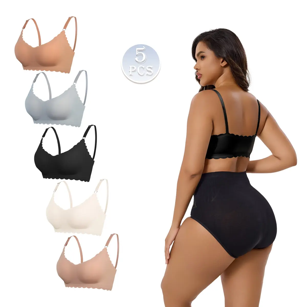 [5pcs]HIXOWIA Women's Scallop Trim Adjustable Strap Bralette, Solid Soft Comfortable Breathable Wireless Push Up Lingerie Top for Daily Wear, Push up Seamless Bra , Women's Back to School Lingerie for All Seasons Minimalist Womenswear
