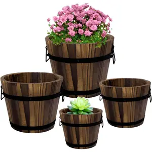 4 Pack Wooden Whiskey Barrel Planters - 4 Sizes Wooden Bucket Barrel Garden Planters Set - Rustic Flower Planters Pots Container for Indoor Outdoor Garden Home Plants(4.7",6.1",7.1",9") Decorative