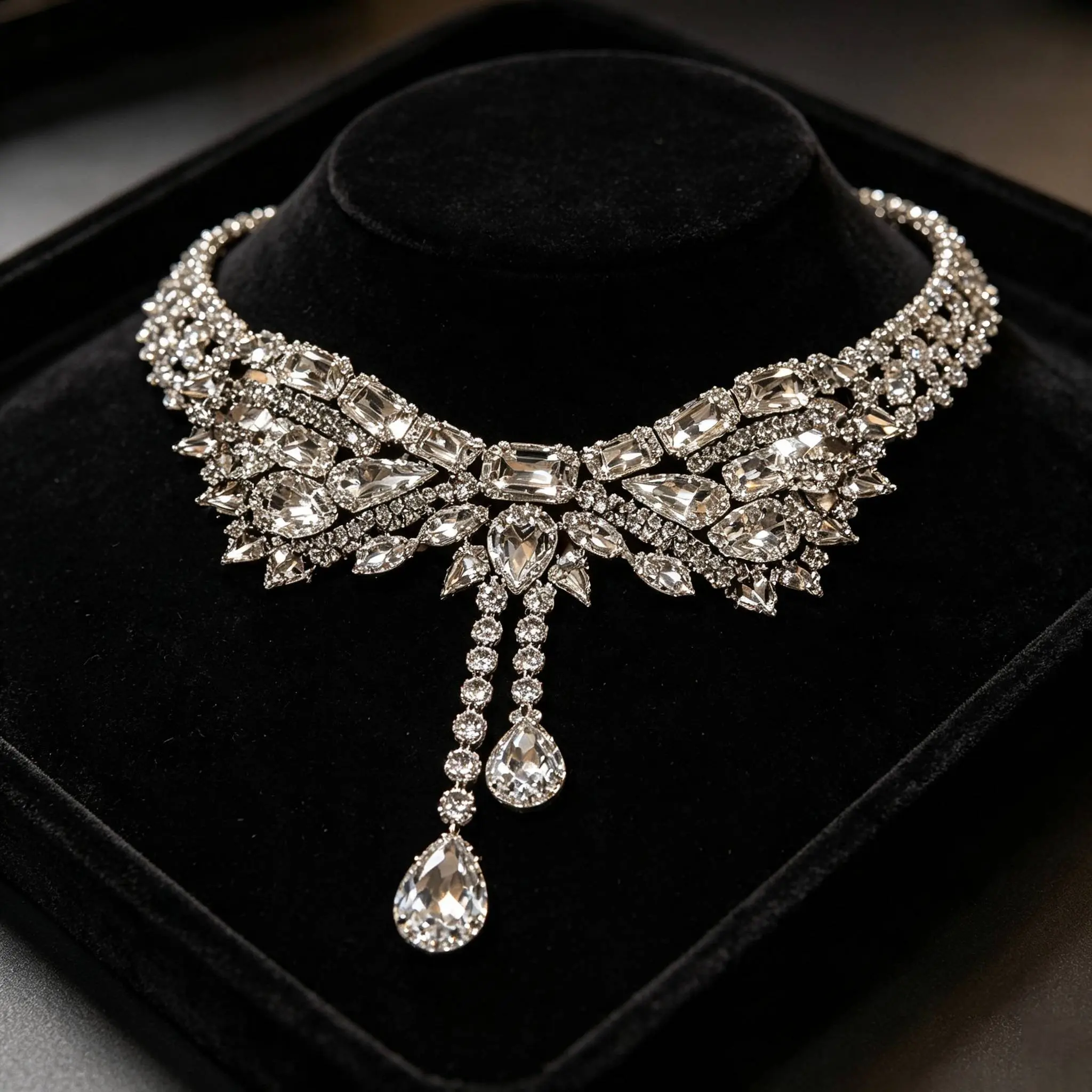 Elegant Crystal Choker Necklace with Teardrop Pendant and Rhinestones for Women's Formal Wear