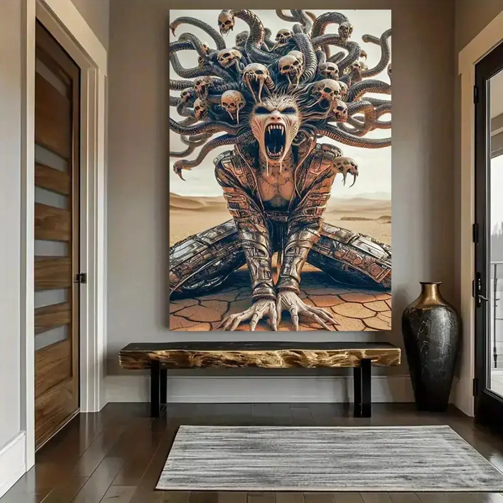 1pc Mythical Medusa Canvas Art Print - Framed Modern Minimalist Wall Decor with Wood Frame, Intricate Serpentine Design, Perfect for Living Room, Bedroom, Office, Kitchen, or Dining Room, Detailed Artwork, Aesthetic Room Decor