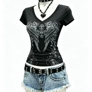 Grunge Vintage Tee Summer Black Printed T-Shirt WaistSlim Fit Short Sleeve for Women Y2k top Streewear outfitd