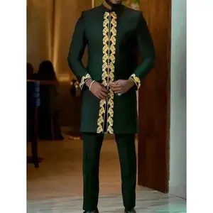 Two piece long sleeved embroidered green elastic traditional African casual festival clothing slim fit 2-pack suit men's tailcoat set 2-pack suit men's modern checkered suit double breasted suit men's suit set(Sheets)