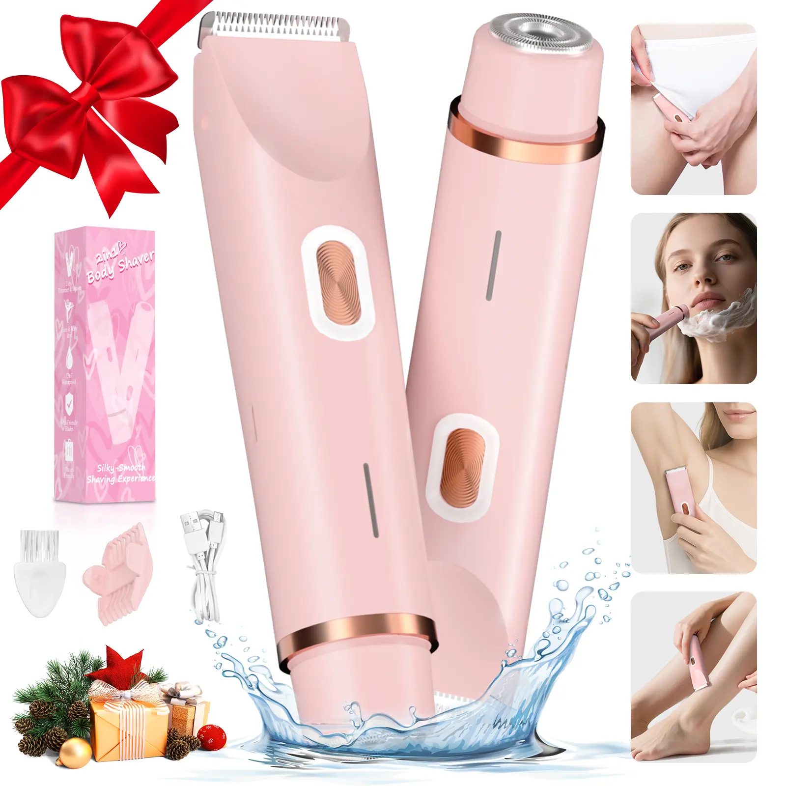 FANOVAE Bikini Trimmers 2-in-1 Electric Shaver for Women IP67 Waterproof Pink Razor with Dual-Headed Design & USB-C Charging for Painless Hair Removal