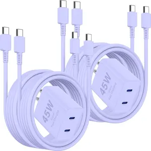 Purple 45W Dual Port USB C Fast Charger 2-Pack, Includes 4 x 10FT USB-C to USB-C Cables, Fast Charging Block for iPhone 17 Pro Max/17 Air/16e/16/15, Samsung Galaxy & iPad