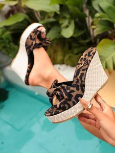 Women's Leopard Print Rubber Wedge Slide Sandals, Bow Knot Platform Slip-On Shoes, Fashion Summer Footwear for Vacation, Beach and Holiday Outfits