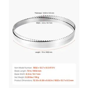 VEVOR Bandsaw Blade, 72 Inch Length, 4 TPI Band Saw Blade with 18 HRC Hardened Sharp Teeth, SK5 High-Strength Carbon Steel, 0.5 Inch Width, Replacement for Major Woodworking Band Saw Brands, 1 Pack