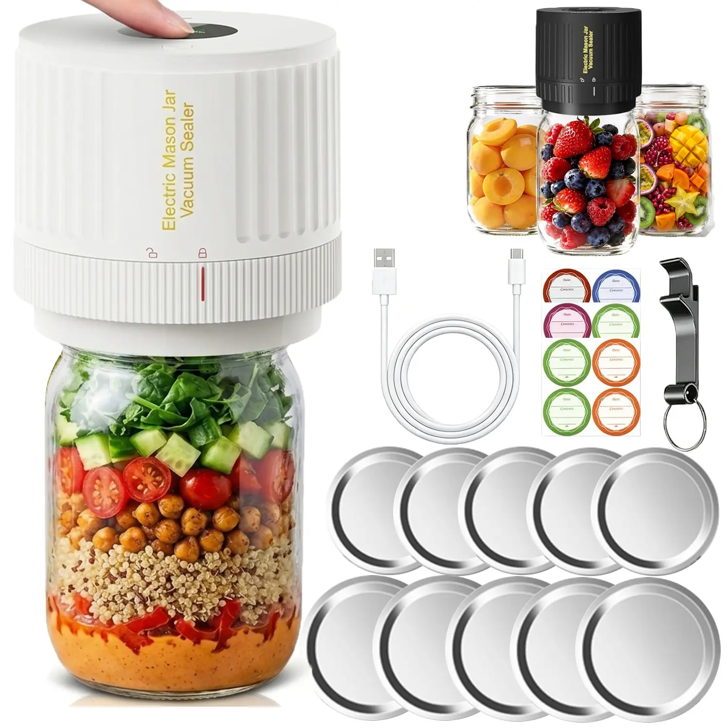 [Back To School] Heiyo 3-in-1 Portable Electric Mason Jar Vacuum Sealing Machine - Auto Operation, Bottle Opener, Economical & Sustainable Food Saver for Coffee, Meal Prep (Fits Wide & Regular Mouth Jars), 12 Labels, Food Preservation Tool, Vacuumsealmach