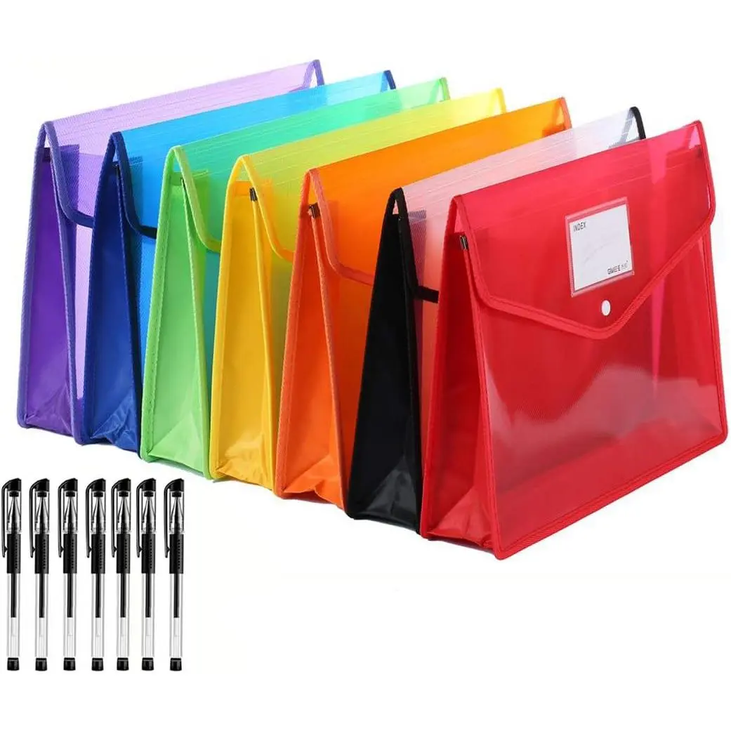 7 Pack File Folder - Expandable Poly Envelopes B4 Plastic Document Folder Button Closure  File Pouch with 7 count Black Gel Ink Pens for School Office Supplies (Assorted Colors)