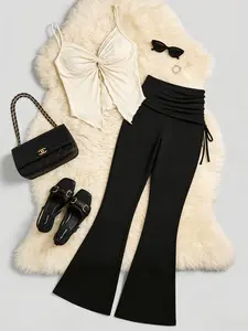 Women's Knot Front Short Sleeve Top + Pleated High Waist Bell Bottom Pants Set, Womenswear, Casual Fashion, Spring & Fall Wear