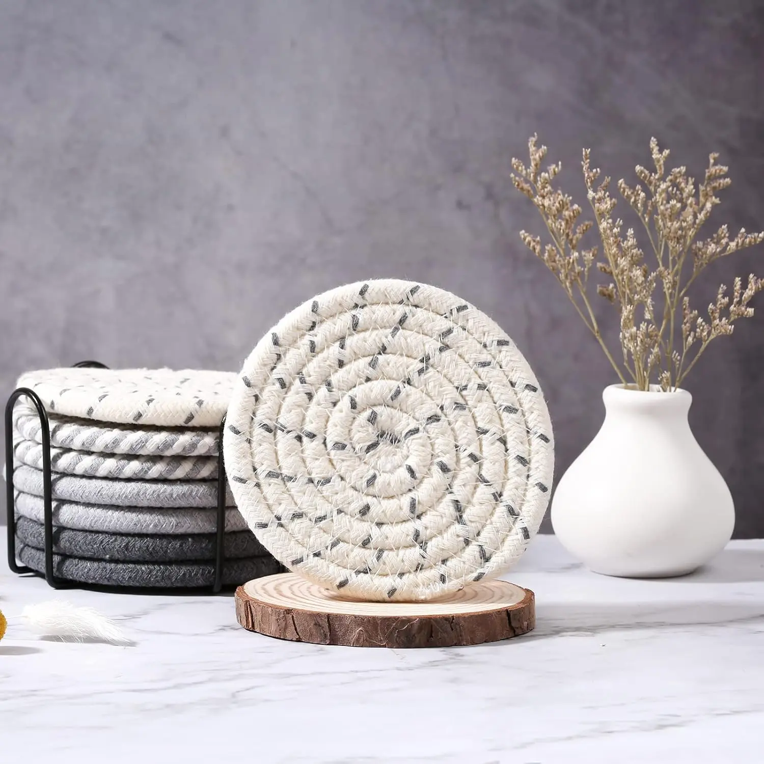 8 Pcs Drink Coasters with Holder, 4 Colors Absorbent Coasters
