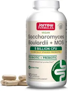 Jarrow Formulas Saccharomyces Boulardii Probiotics + MOS 5 Billion CFU Probiotic Yeast for Intestinal Health Support, Gut Health Supplements for Women and Men, 90 Veggie Capsules, 90 Day Supply