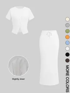Women's Solid Button Front Tee & Drawstring Split Hem Skirt Two-piece Set, Casual Short Sleeve Top & Skirt for Daily Wear, Ladies Two-piece Outfits for All Seasons, Matching Clothing Set Women