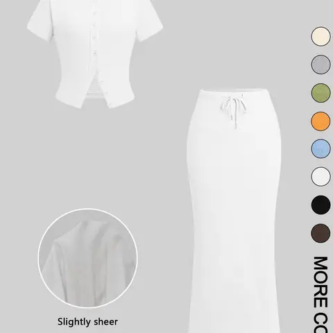 Women's Solid Round Neck Button Front Tee & Drawstring Split Hem Skirt Two-piece Set, Casual Basic Short Sleeve Top & Skirt for Everyday Wear, Ladies Two-piece Outfits for All Seasons, Matching Clothing Set Women, Casual Chic Set, Shirt Skirt Set