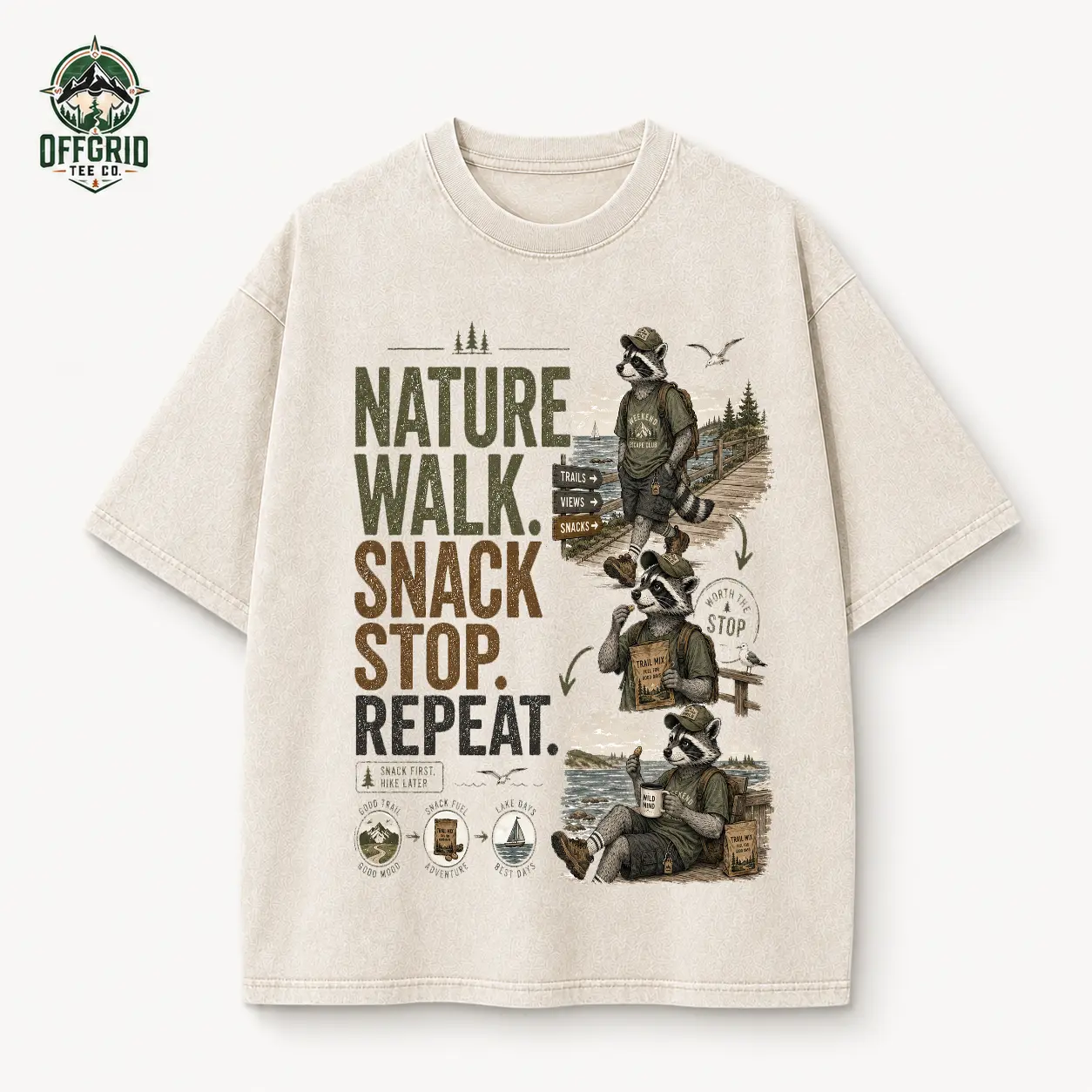 Nature Walk Snack Stop Repeat Graphic T-Shirt, Vintage Outdoor Hiking Tee, Casual Adventure Top for Trail and Nature Lovers, Lightweight Summer Hiking Top