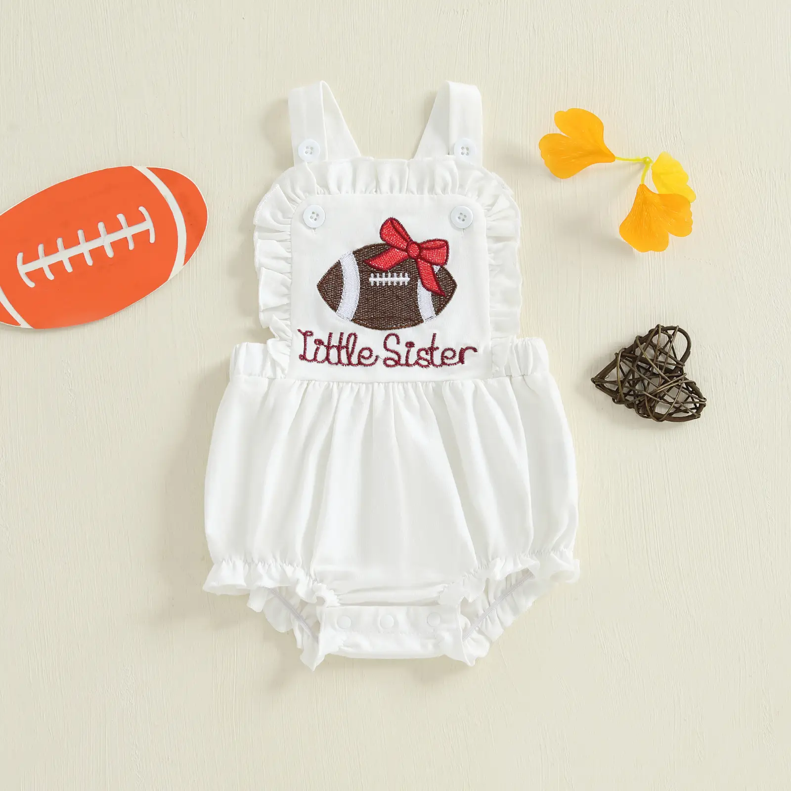 Infant Baby Girl Romper Sleeveless Square Neck Football Embroidery Ruffle Bodysuit Fall Outfit 0-18 Months