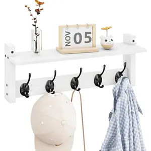 Wall Shelf with Hooks, Coat Rack Wall Mount with Pegs, Hanging Entryway Coat Hanger, Wood and Iron Shelf for Bathroom, Hallway, Bedroom, White