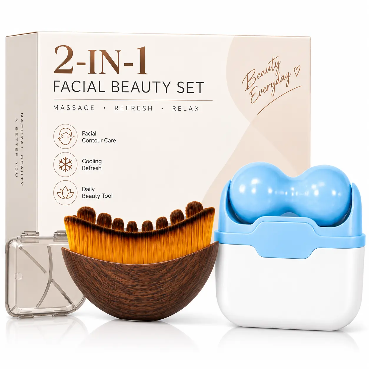 2PCS Facial Beauty Set, Face Lymphatic Contour Brush for Jawline & Chin Relaxation, Soft Bristles Dry Brushing Massager & Ice Roller for Face, Neck & Body, Cooling Massage Tools for Daily Beauty Routine