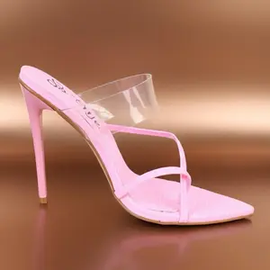 ONIE Mule Heels - Pink High Stiletto with Clear Vinyl Strap & Crossover Straps for Flattering Leg-Lengthening Look