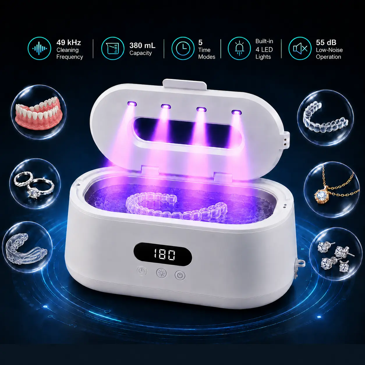 Portable Ultrasonic Retainer Cleaner Machine, 380ML Sonic Cleaner with 49kHz Water-Based Cleaning, 5 Timer Modes and Built-In LED Lights for Dentures, Aligners, Jewelry and Watch Bands