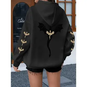 Women's Oversized Hoodie (dragon Print, Dark Fantasy Street Style), Fitted Graphic Sweatshirt, Fall & Winter Fashion