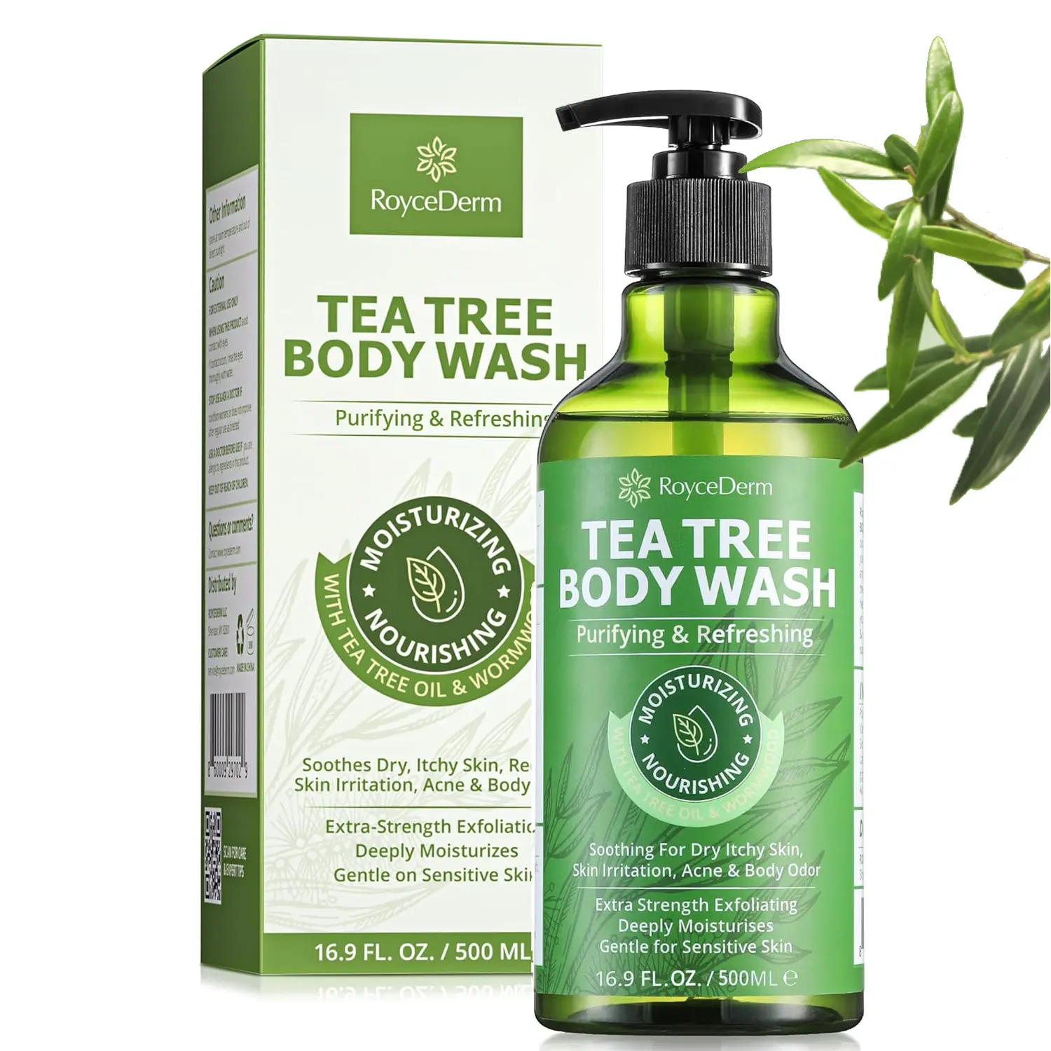 RoyceDerm Tea Tree Oil Body Wash with Wormwood Extract - Plant-Based Antibacterial Shower Gel, Natural Soap for Adults' Eczema Relief, Sensitive Areas Daily Body Care Products