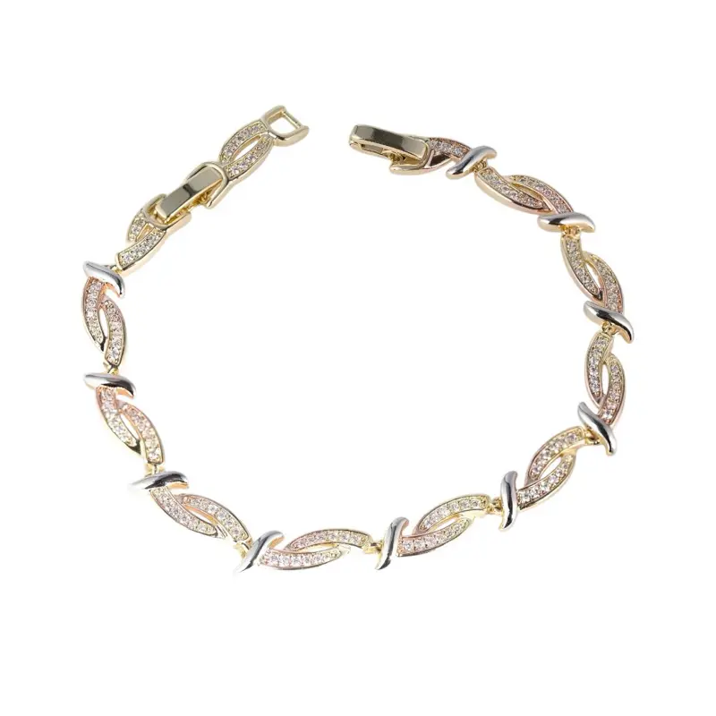 14K Gold Plated Tri-Color Marquise Link Bracelet Full Diamond Accent Luxury Style 7” with Extension to 7.5”