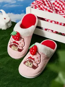 Strawberry Shortcake Fashionable Plush Women’s Home Slippers with Embroidered Strawberry Patch, Soft & Comfortable