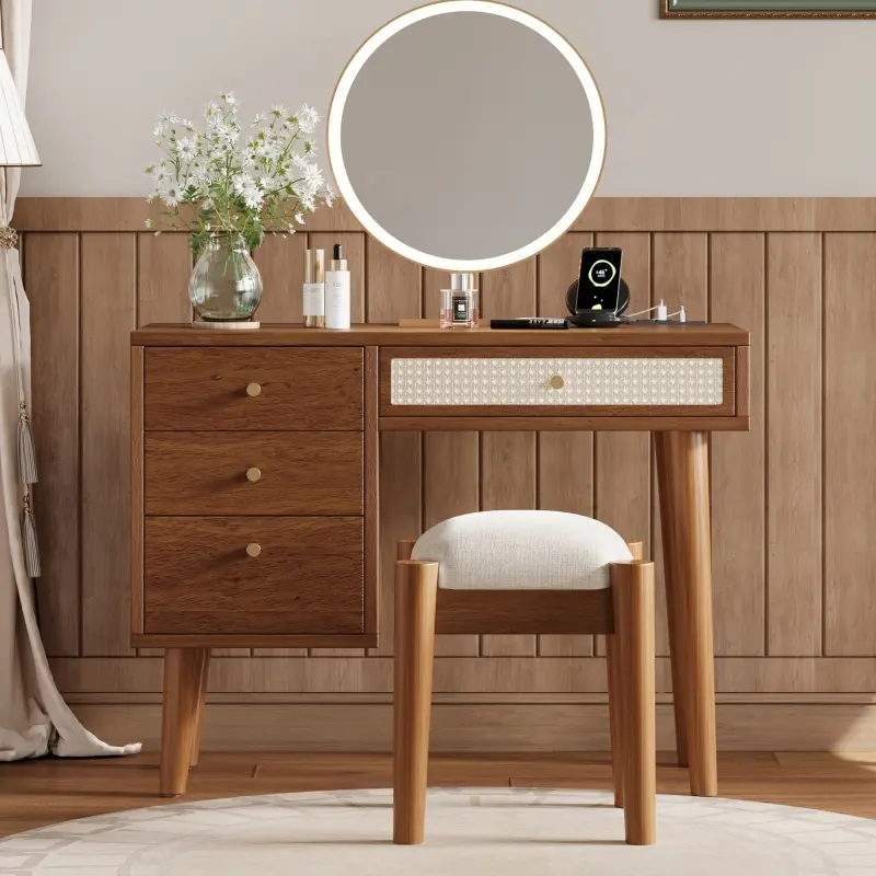 39*15.6*29.6 in Sturdy Walnut Retro Bohemian Lighted Makeup Vanity - Indoor Furniture Wood Dresser Cabinet with Wooden Construction, LED, Chair, Charging Plug, USB Port, 3 Storage Drawers, 1 Rectangular Rattan Drawer, Lighted Vanity Table, Dresser With Le