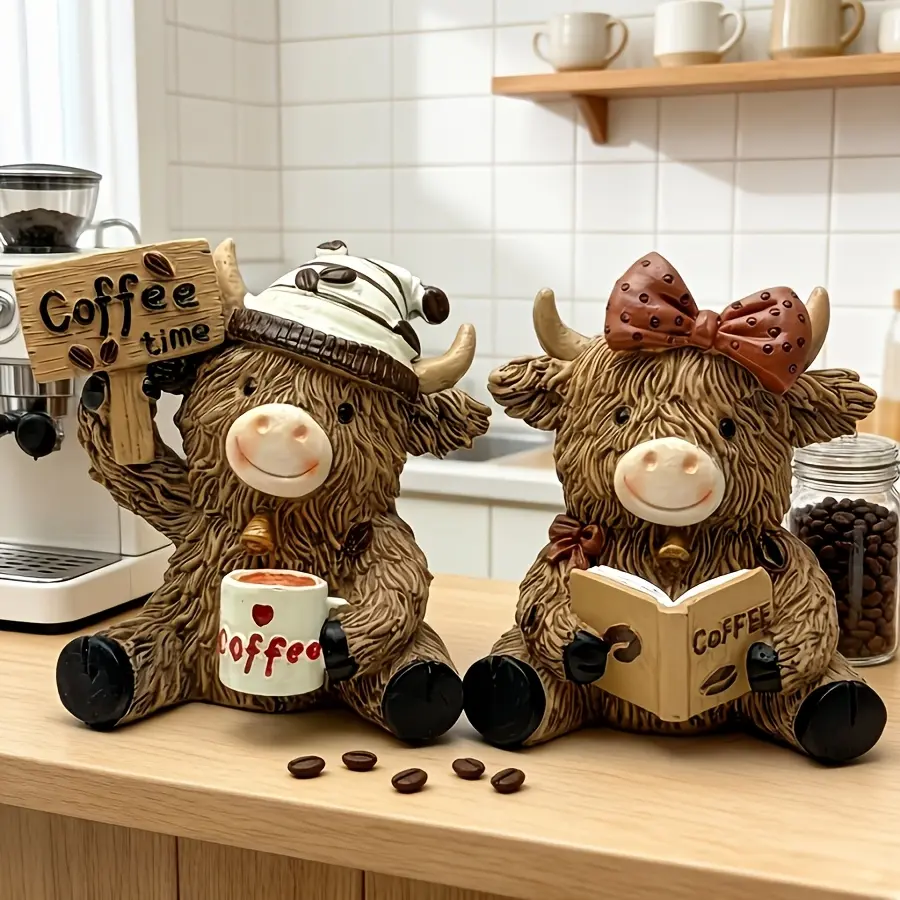 Cow Shape Whimsical Look Resin Decorative Figure - Coffee-Themed Highland Cow & Gnome, Christmas Tree Ornament, Holiday Gift for Home Coffee Bar, Garden Decor
