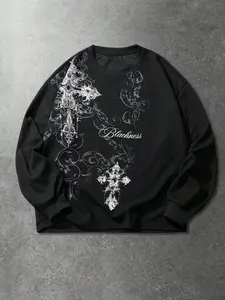 Men's Waffle Fabric Gothic Cross Print Pullover Sweatshirt, Casual Loose-Fit Long Sleeve T-Shirt for Daily Wear, Spring & Fall Fashion