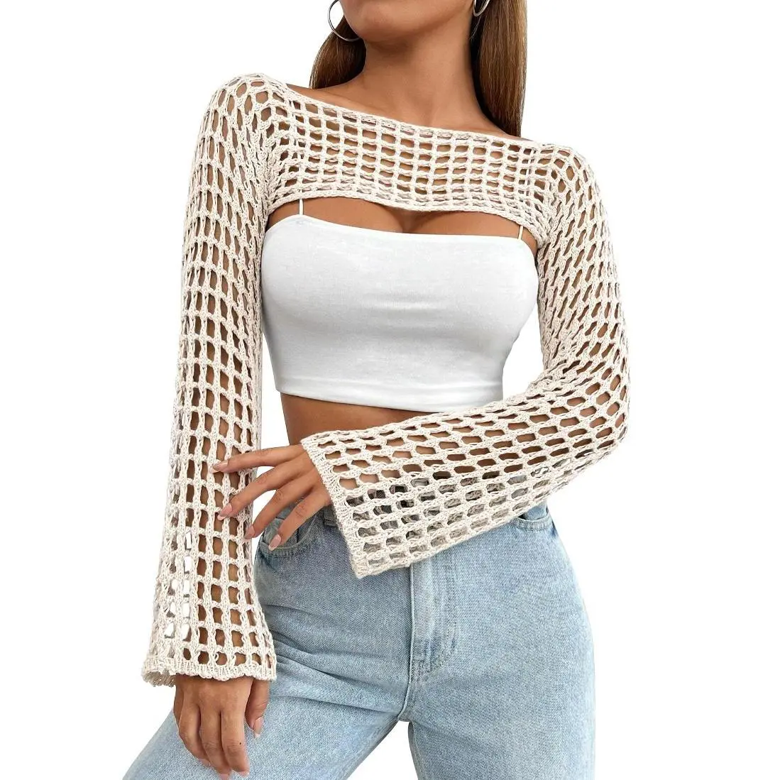 Mincib Crochet Shrug Beach Bikini Cover Up Tops Y2K Hollow Out Bolero Cropped Knit Sweater Top Mincib Crochet Shrug Beach Bikini Cover Up Tops Y2K Hollow Out Bolero Cropped Knit Sweater Top