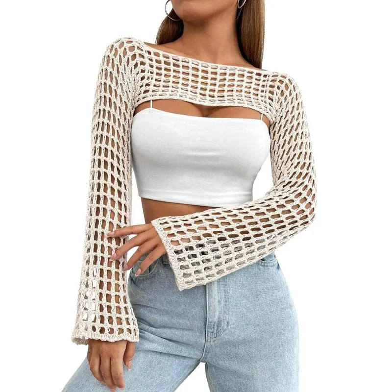 Women's Mincib Y2K Hollow-Out Cropped Crochet Shrug - Breezy Cutout Knit Beach Swimwear Coverup