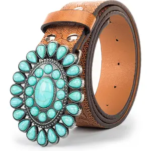 Women Men Country Western Turquoise Belts, Embossed PU Leather Retro Cowgirl Belts for Jeans Dresses Pants
