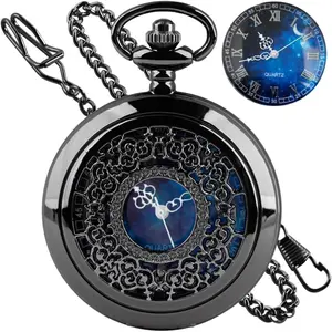 Pocket Watch Hollow Blue Star Design Roman Numerals Quartz with Chain mas Birthday Gifts