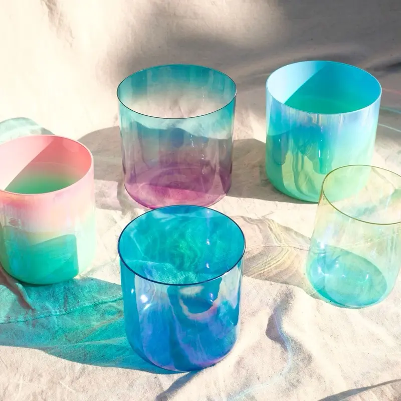 Celestial Waters 5-bowl Collection: quartz crystal singing bowls for sound healing, ceremony, and personal use.
