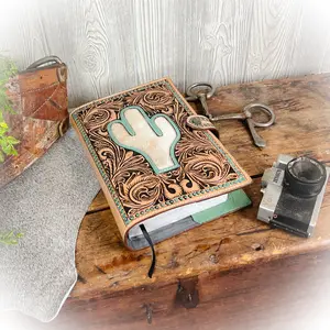 Desert Bloom Western Tooled Leather & Cowhide Bible Cover - Cactus