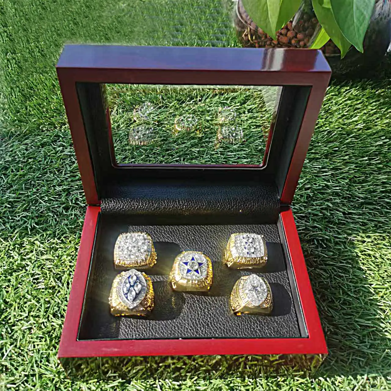5pcs Football Championship Ring Set with wooden boxes Authentic, Commemorative Rings for Sports Fans & Collectors Dual Color Electroplating