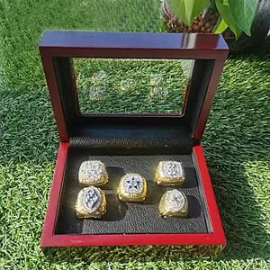 5pcs Football Championship Ring Set with wooden boxes Authentic, Commemorative Rings for Sports Fans & Collectors