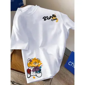 1pc Kids' Cool Bear & Alphabet Print T-Shirt - Casual Crew Neck, 100% Polyester Knit Fabric, Slight Stretch, Regular Fit, Summer Top for Boys