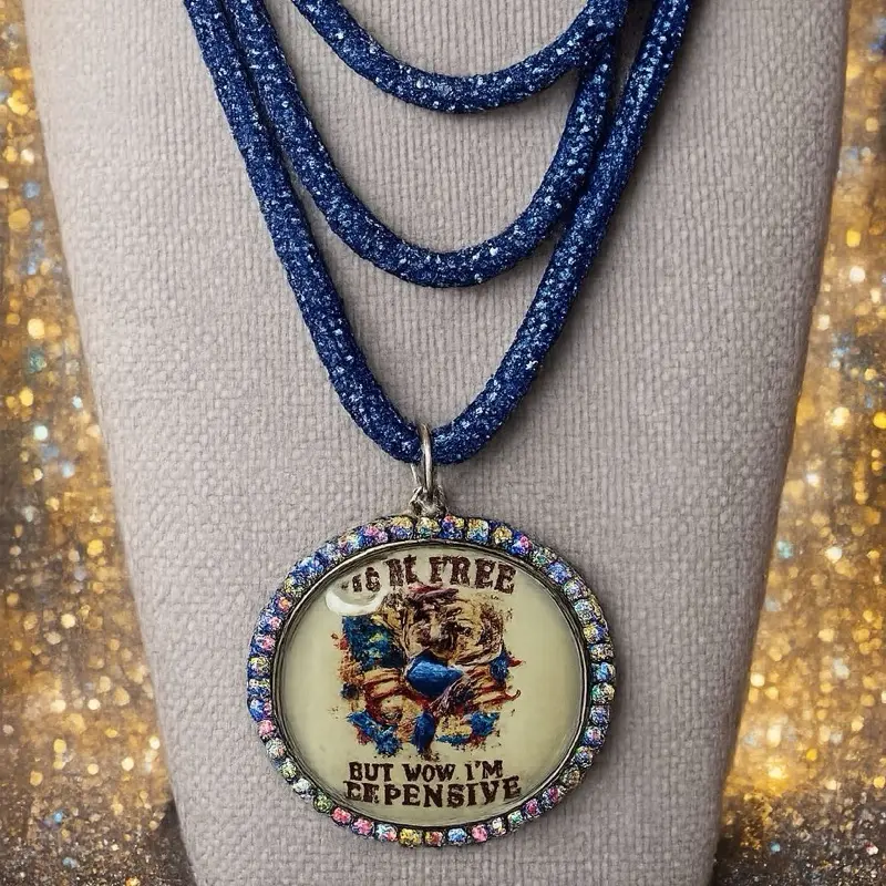 Blue Rhinestone Cowgirl Statement Necklace, Gypsy South Born Free But Now I’m Expensive USA Flag Design