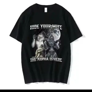 Black Meme Shirt The Alpha the Wolf Meme Yes King Hide Your Wife Cotton T-Shirt Mens Streetwear Slim Fit Short Sleeves Crew Neck Vintage Graphic Print Top Aesthetic Loose Fit