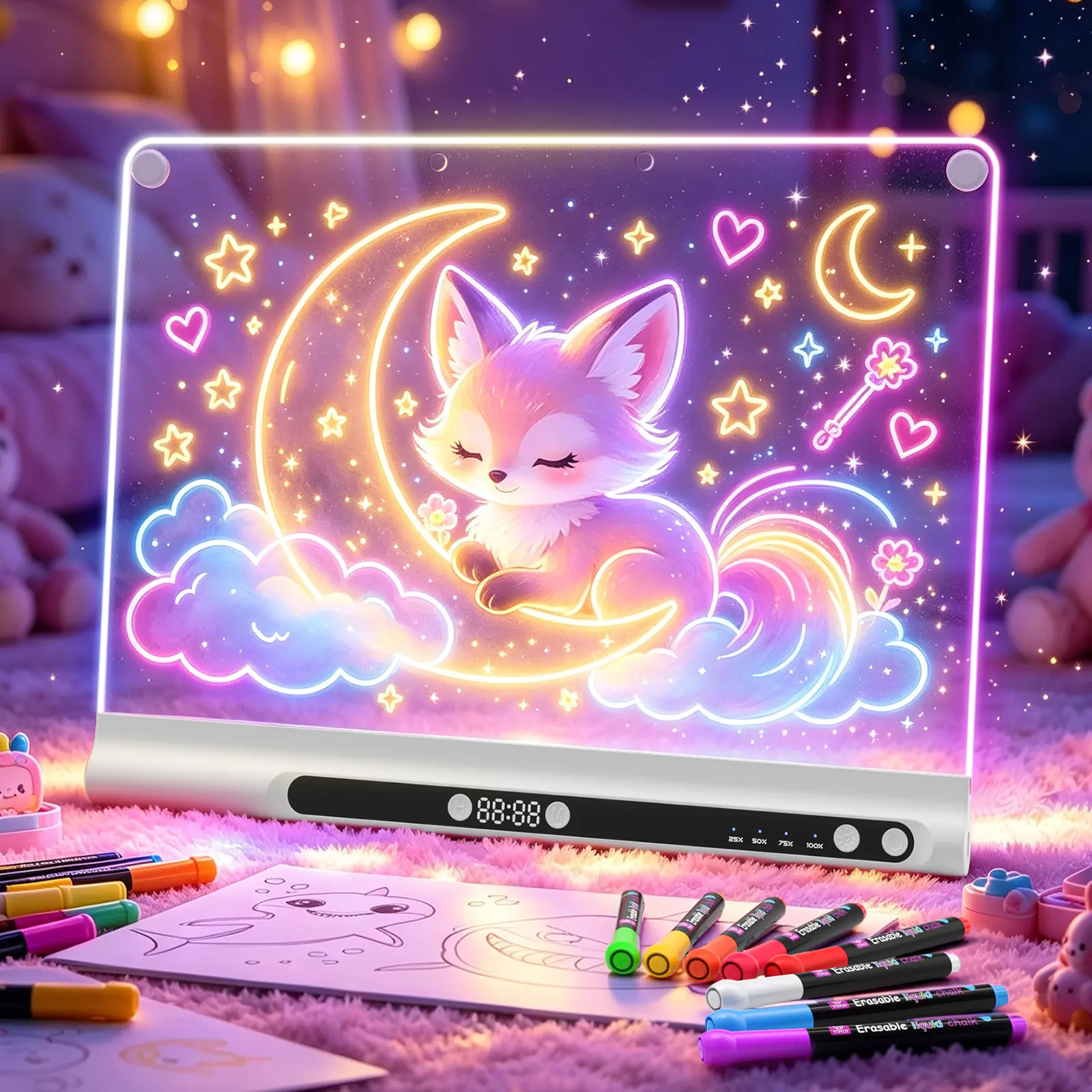 【Christmas Gifts】16in DIY LED Illuminated Drawing Board for Kids, Acrylic Dry-Erase Surface with Stand, 6-Color Markers, Wipes, Spray Bottle, Tracing Paper, Erasable Reusable Learning Toy, Ideal Birthday Halloween Gift