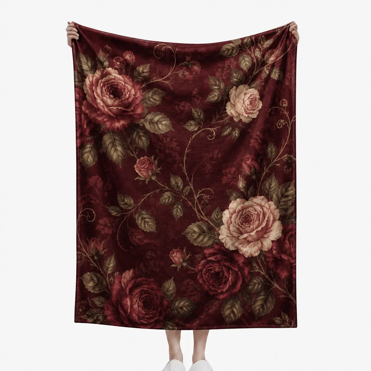 Vintage Burgundy Rose Flannel Throw Blanket, Dark Romantic Floral Print Soft Cozy Lightweight Warm Blanket for Sofa, Bed, Couch & Bedroom Decor, Elegant Cottagecore Gift for Women, Machine Washable