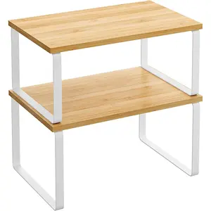 Cabinet Organizer Shelf, Set of 2 Kitchen Counter Shelves, Kitchen Storage,  Rack, Stackable, Expandable, Metal and Engineered , Cloud White and  Beige UKCS02NW